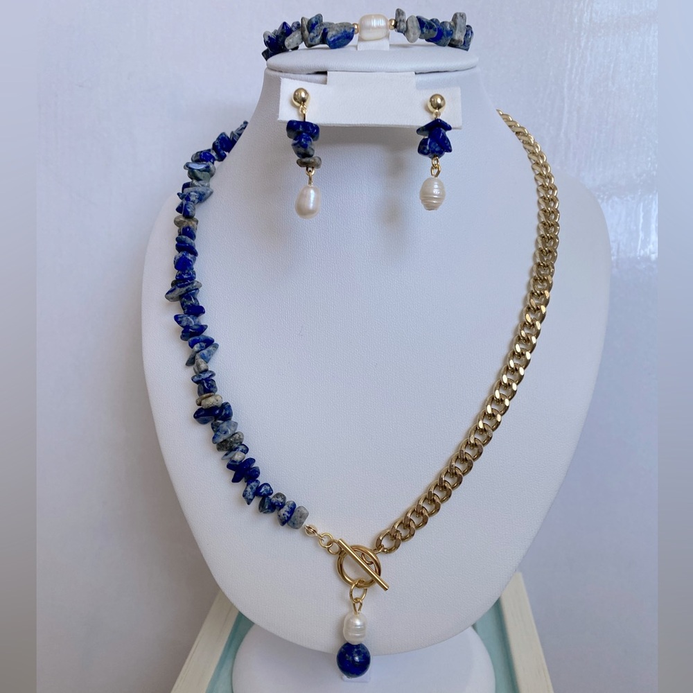 Lapis lazuli chip freshwater pearl Cuban link set 3pc